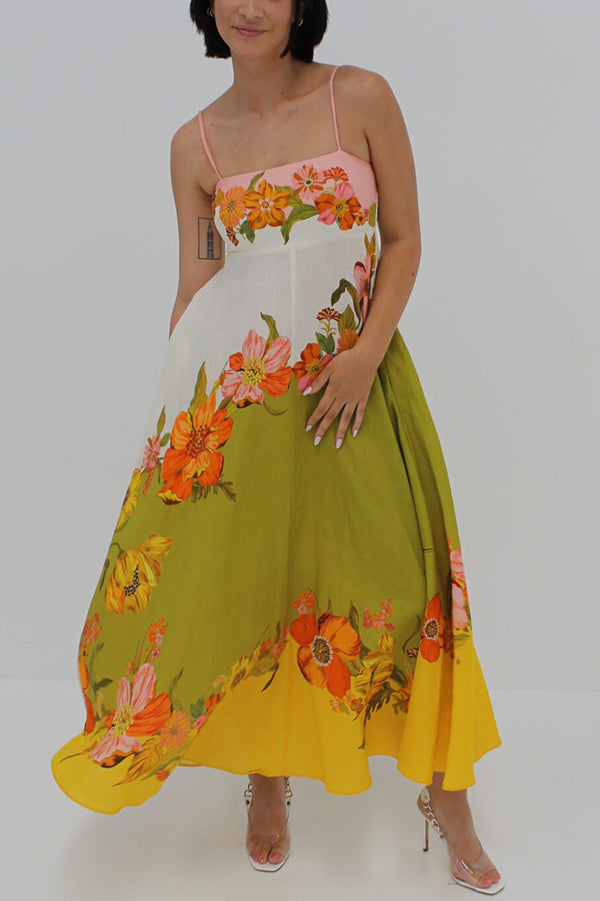 Vestido largo de mezcla de lino con estampado floral en contraste y bolsillos fruncidos en la espalda