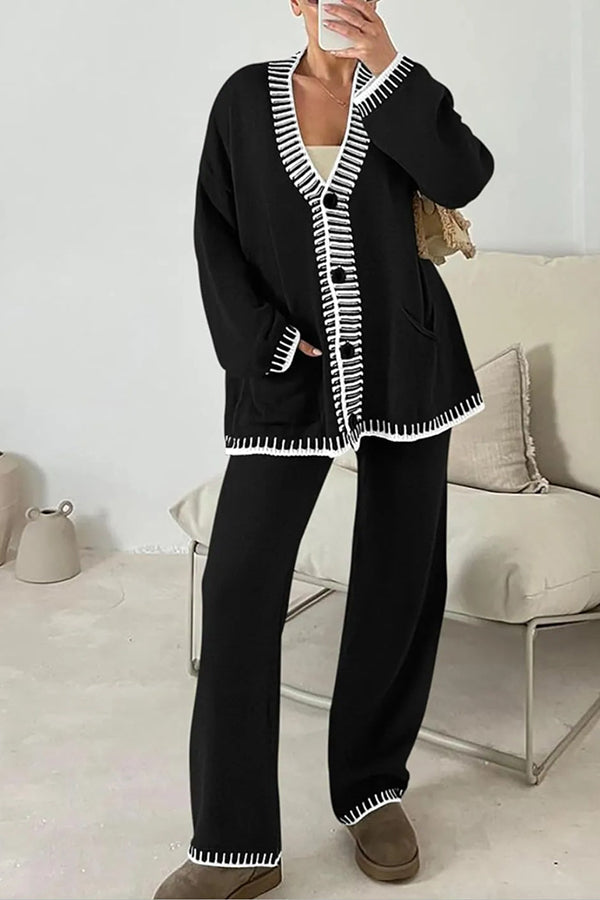 Conjunto de cárdigan informal de punto de manga larga con bolsillos y pantalones anchos y holgados con cintura elástica.