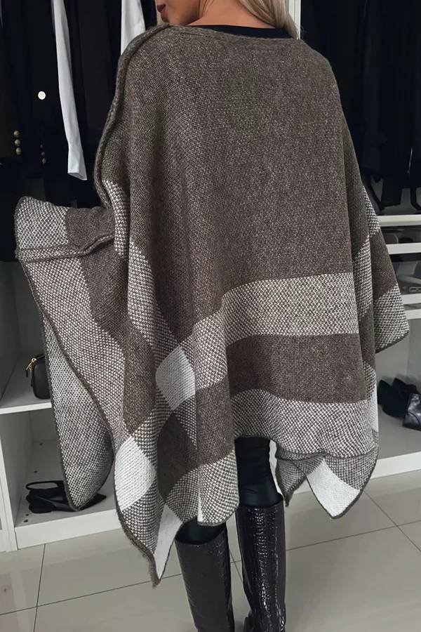 Poncho holgado con mangas murciélago, de punto a cuadros y bloques de color, tranquilo y elegante 