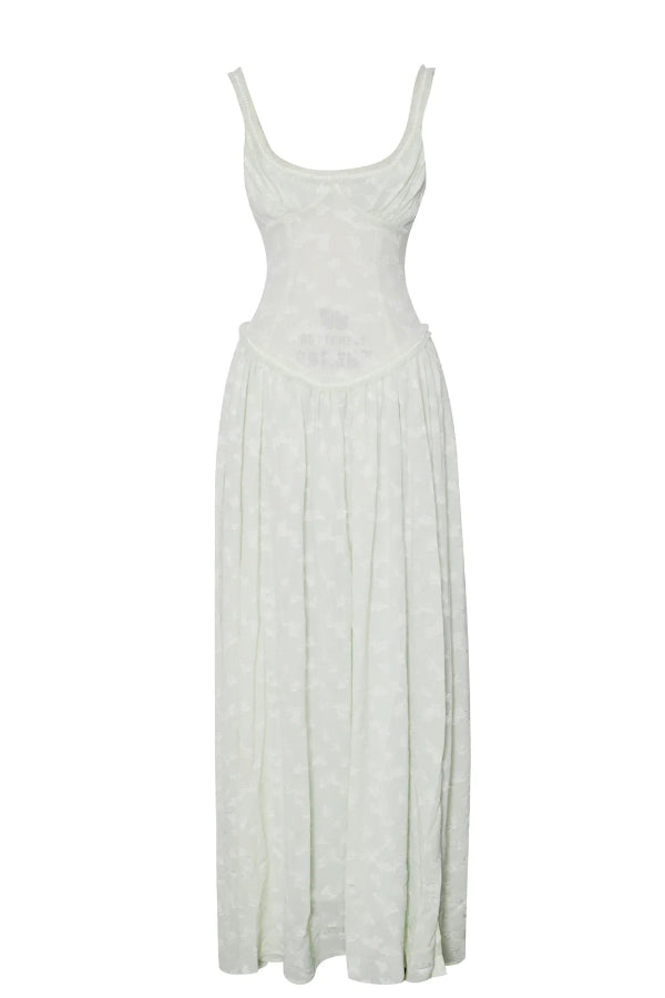 Vestido largo Ulissa verde claro con escote cuadrado, textura jacquard y abertura alta