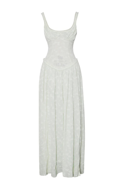 Vestido largo Ulissa verde claro con escote cuadrado, textura jacquard y abertura alta