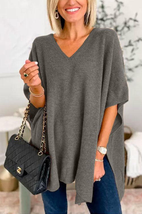 Suéter tipo poncho holgado de color liso con cuello en V más elegante