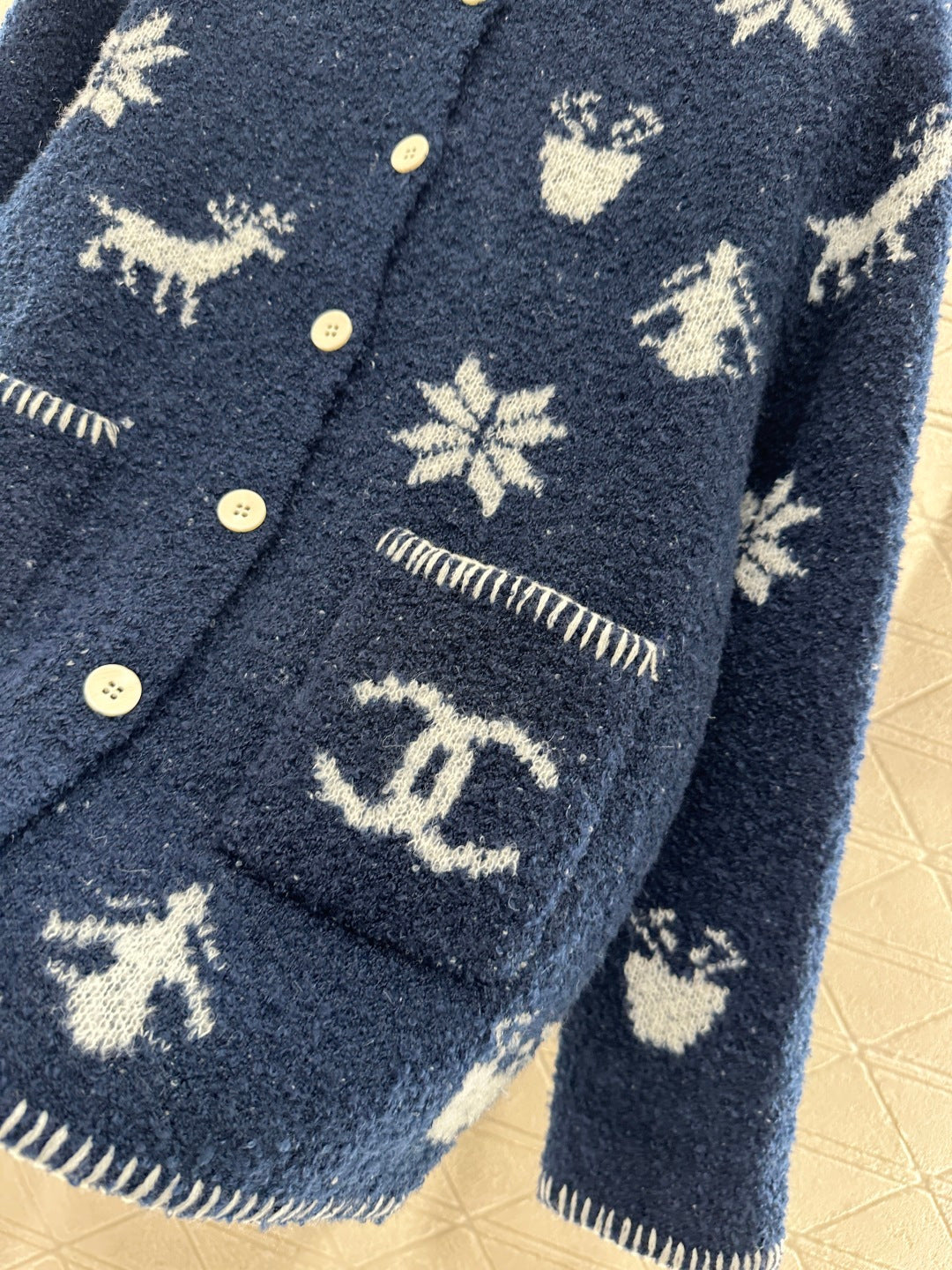 Chanel 26 Jacquard Knit Cardigan Blue in Wool Yarn 801433