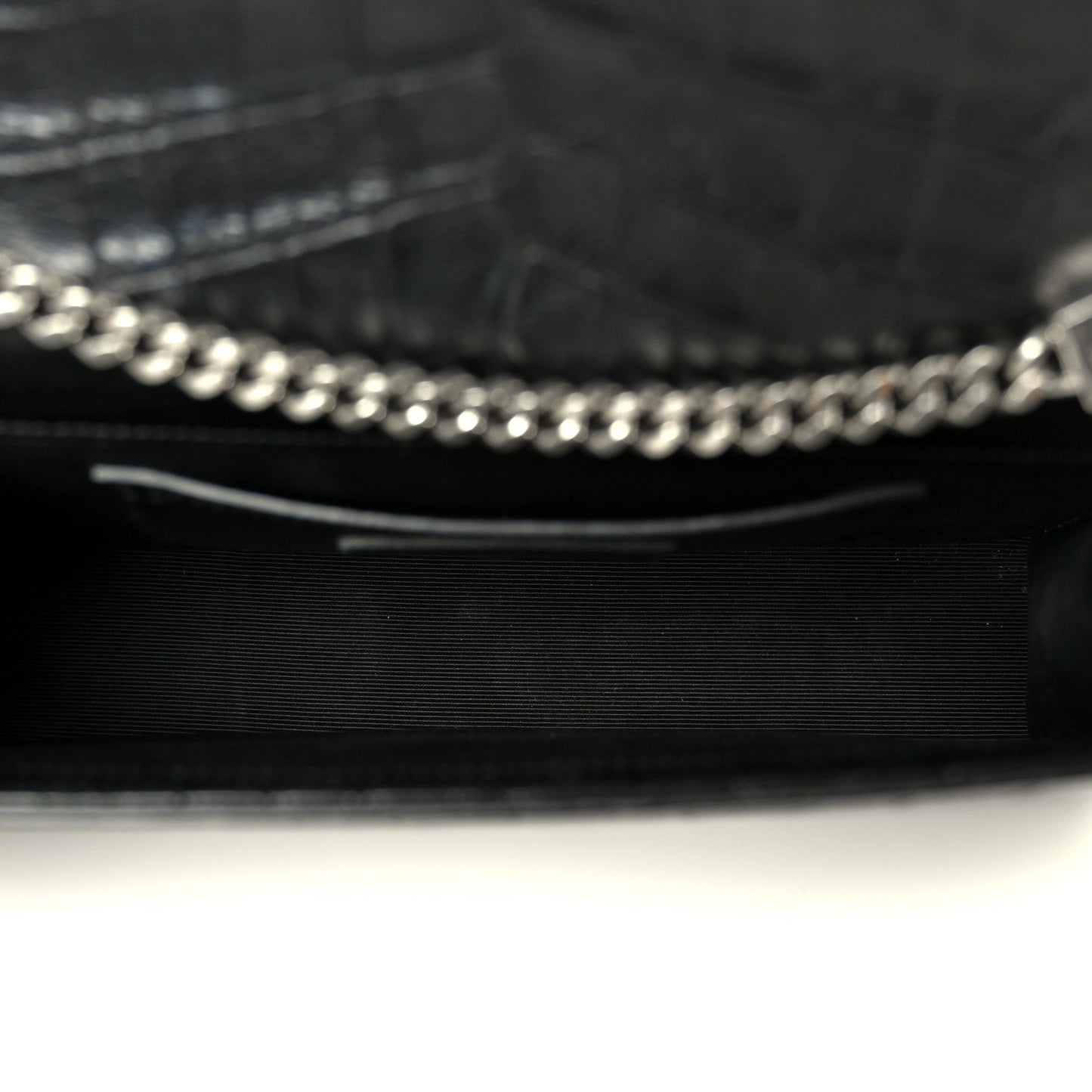 Calfskin Crocodile Embossed Medium Classic Monogram Kate Tassel Satchel Black