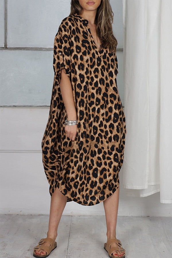 Vestido casual con cuello en V y estampado de leopardo y patchwork