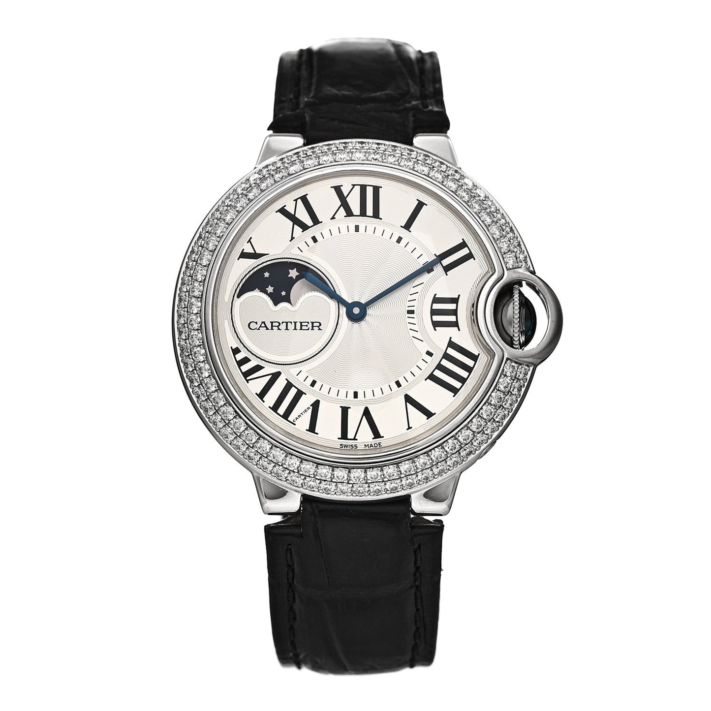18K White Gold Diamond Pave Bezel 37mm Ballon Bleu De Cartier Moonphase Automatic Watch