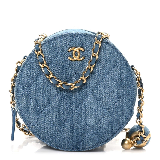 Denim Quilted Round Pearl Crush Clutch With Chain Blue