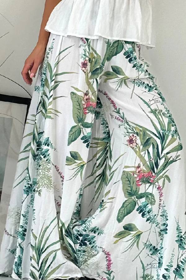 Pantalones palazzo de pierna ancha con cintura fruncida y estampado botánico de jardín de verano