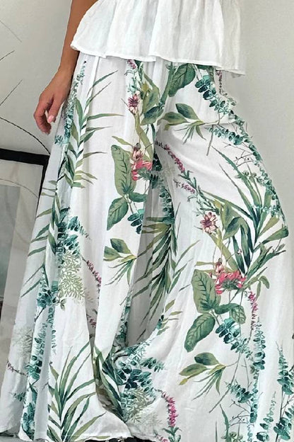 Pantalones palazzo de pierna ancha con cintura fruncida y estampado botánico de jardín de verano