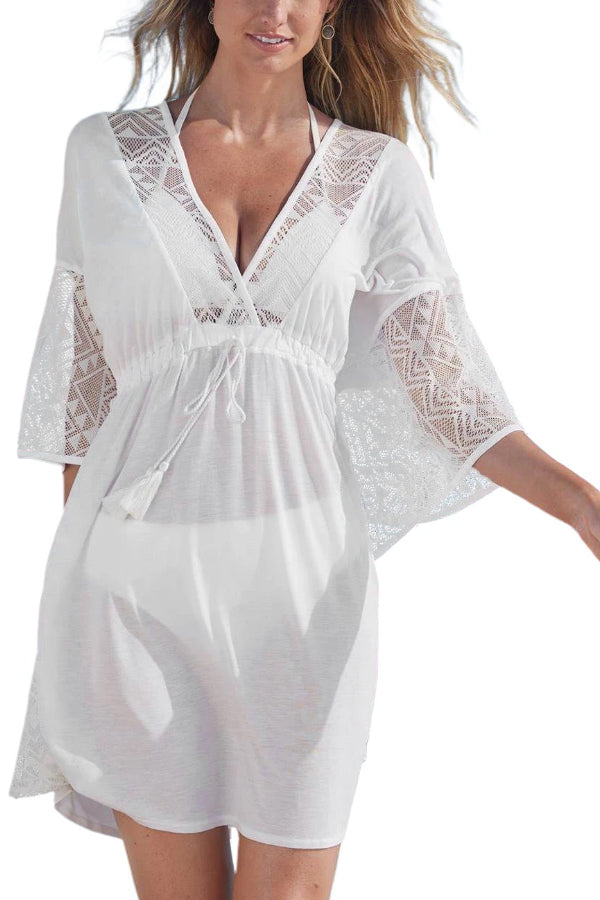 Parche de encaje blanco tipo kimono con borlas y cordón para playa 