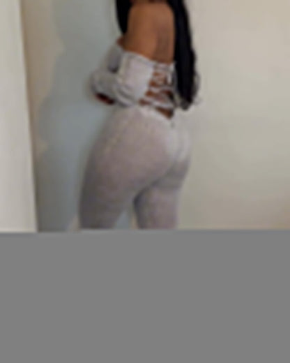 Sexy Strappy Halterneck Knitted Long-Sleeved Slim Fit Jumpsuit