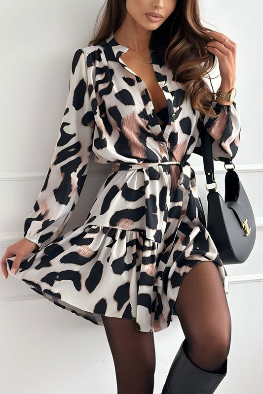 Vestido mini de moda con estampado de leopardo, manga larga y cintura anudada