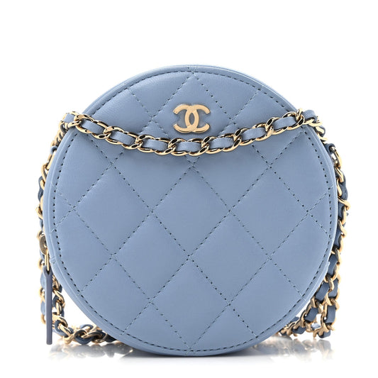 Lambskin Quilted Round Clutch With Chain Light Blue