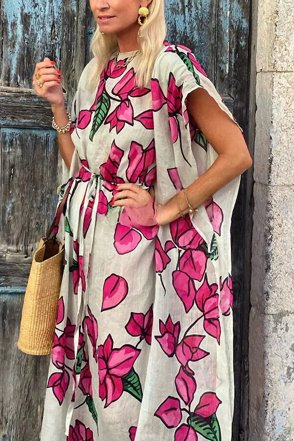 Vestido largo holgado con cinturón y mangas dolman con estampado floral 
