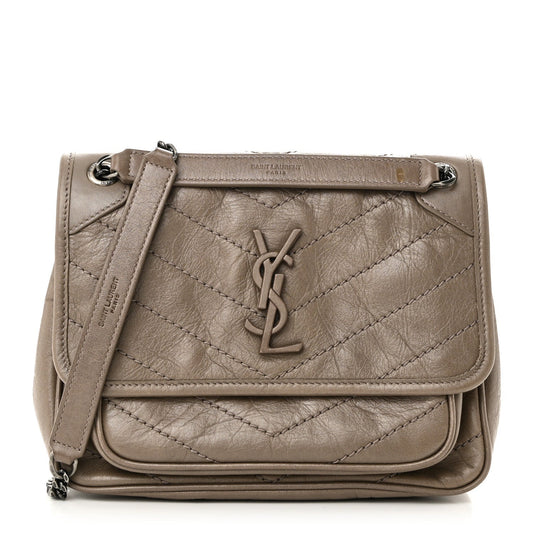 Crinkled Calfskin Matelasse Monogram Baby Niki Chain Satchel Light Taupe