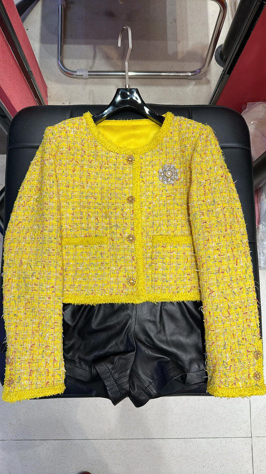 CC 25 Short Style Brooch Jacket Yellow Cotton