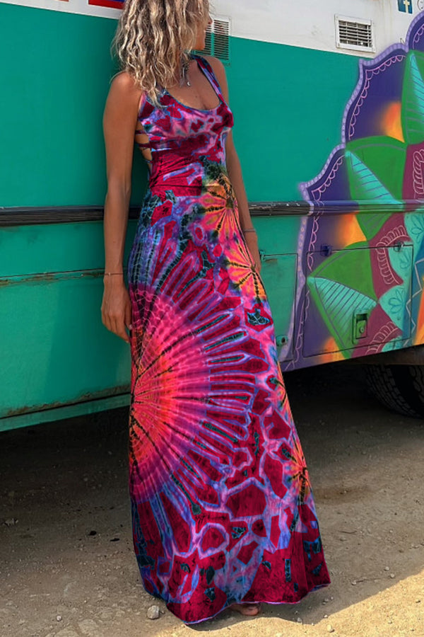 Vestido largo elástico con cordones en la espalda y estampado tie-dye de La Bamba