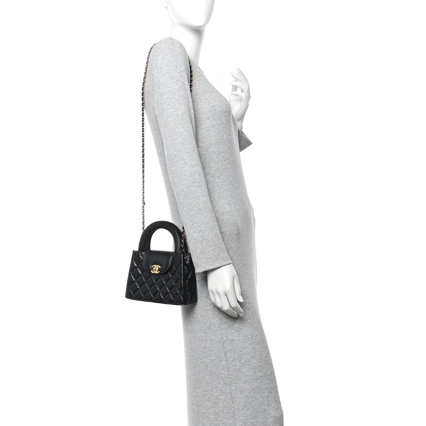 Shiny Aged Calfskin Quilted Nano Kelly Shopper Black