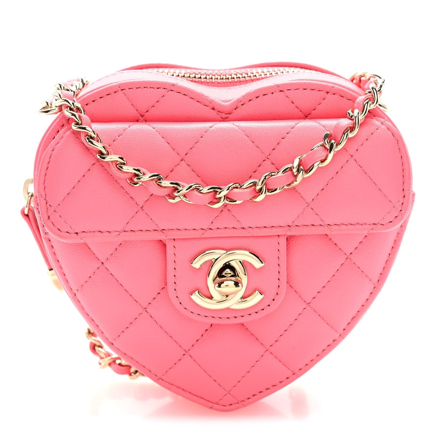 Lambskin Quilted CC In Love Heart Clutch With Chain Pink