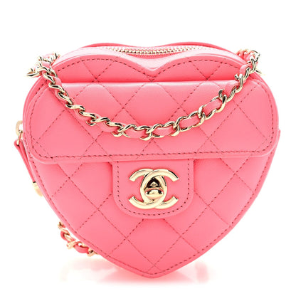 Lambskin Quilted CC In Love Heart Clutch With Chain Pink