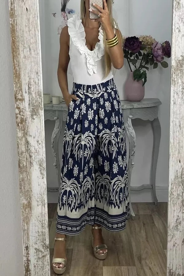 Pantalones anchos de pierna para vacaciones con bolsillo suelto y cintura elástica con estampado único