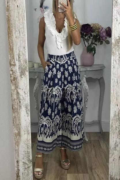 Pantalones anchos de pierna para vacaciones con bolsillo suelto y cintura elástica con estampado único
