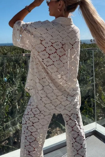 Conjunto de camisa de manga corta con encaje y pantalones anchos con cintura elástica y flores de crochet para las fiestas