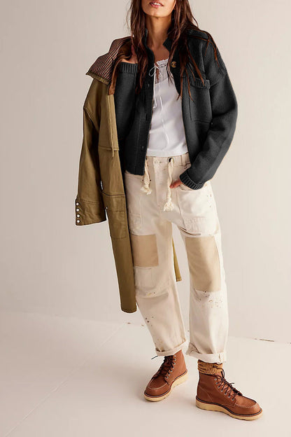 Chaqueta de punto con cuello alto y cárdigan de color liso