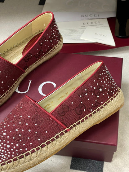 GG 26ss Slip-on Loafers Rhinestones Red Double G Canvas