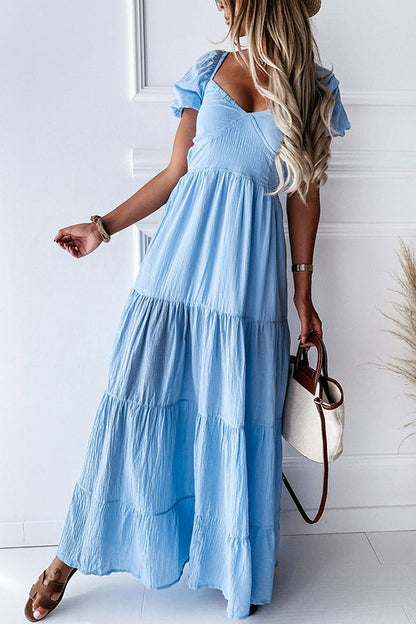 Vestido de cintura alta para uso diario, con mangas cortas, hombros descubiertos, espalda descubierta, tirantes, temperamento, de color liso