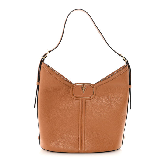 Grainy Calfskin Vertical Hobo Bag Almond Beige
