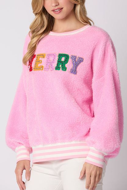 Sudadera de cuello redondo de manga larga con letras navideñas y diamantes de imitación