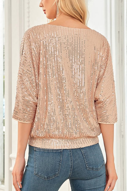 Top casual holgado de cuello redondo con lentejuelas de color liso