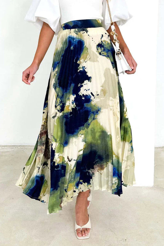 Elegante pantalón tipo A de cintura alta plisado con estampado de cambio gradual y estampado completo