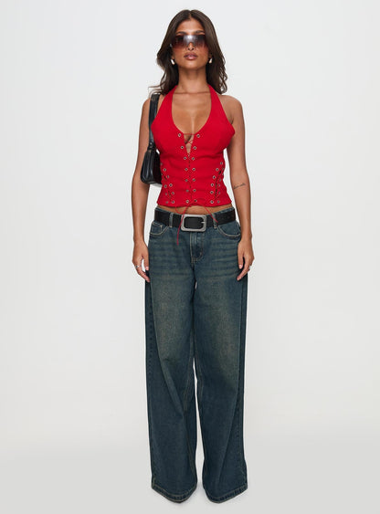 Come See Me Tie Up Halter Top Red
