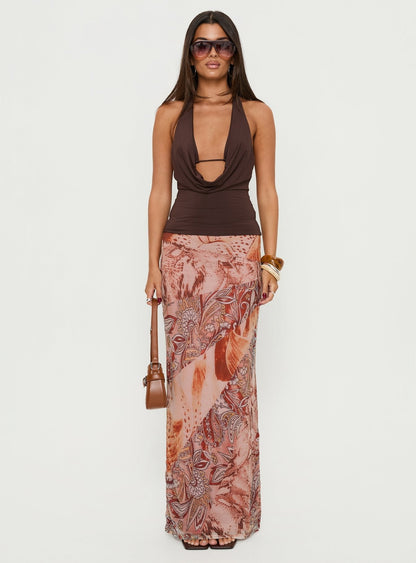 Xylia Plunge Neck Tie Back Top Chocolate