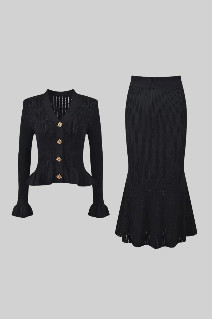 Conjunto de falda de punto acampanada con cuello en V Miriam 