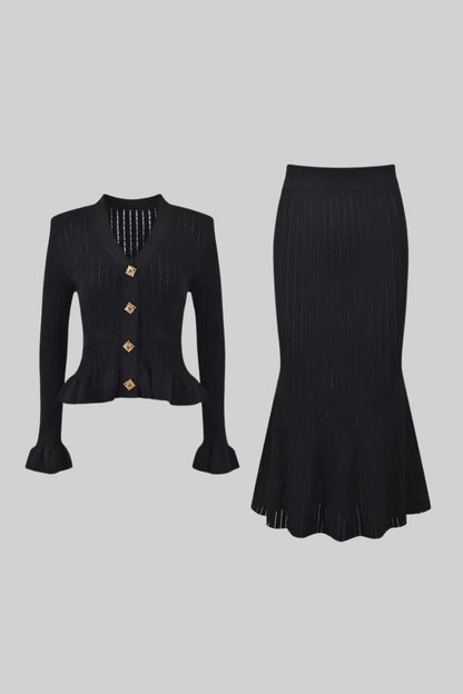 Conjunto de falda de punto acampanada con cuello en V Miriam 