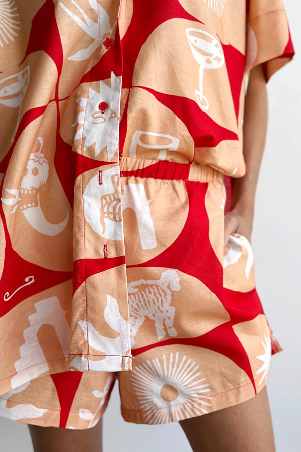 Conjunto de camisa de mezcla de lino con estampado único y pantalones cortos holgados con bolsillo y cintura elástica