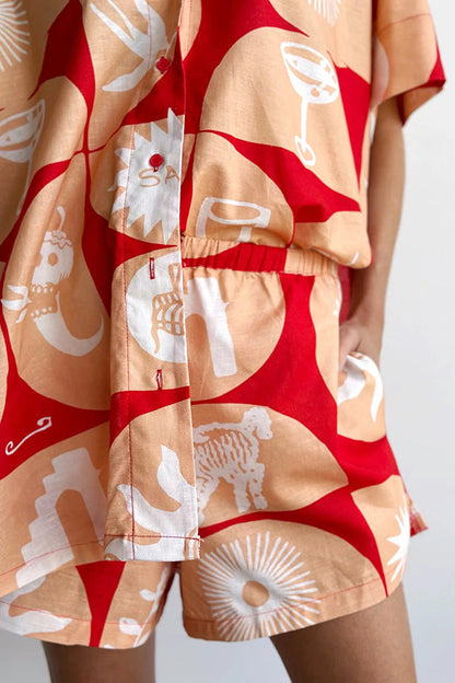 Conjunto de camisa de mezcla de lino con estampado único y pantalones cortos holgados con bolsillo y cintura elástica
