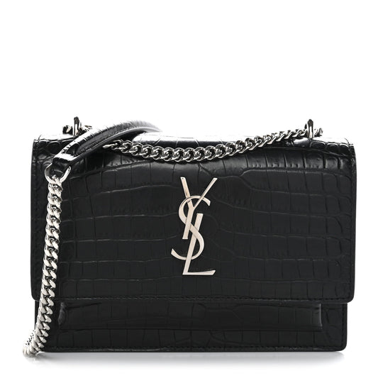 Calfskin Crocodile Embossed Monogram Sunset Chain Wallet Black