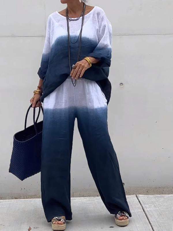 Conjunto de dos piezas de algodón y lino degradado para mujer 