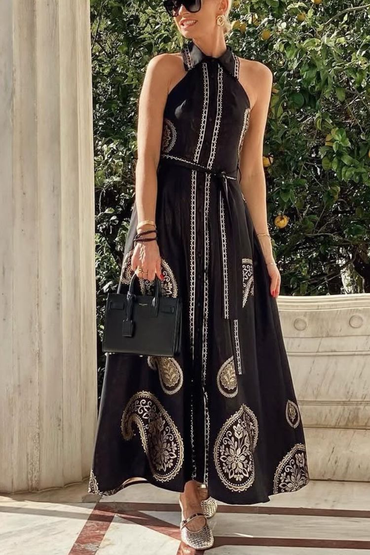 Vestido largo sin mangas con cuello camisero y bolsillos con lazo "Vacation Calls"