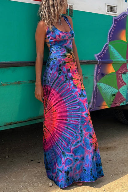 Vestido largo elástico con cordones en la espalda y estampado tie-dye de La Bamba