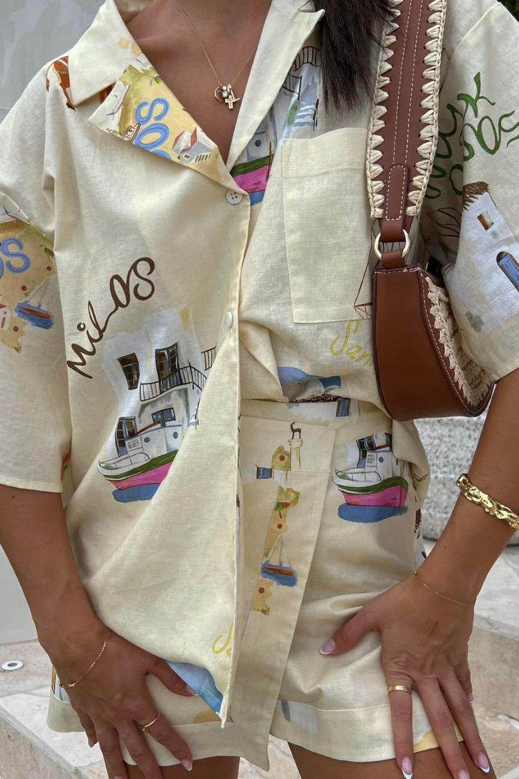 Conjunto de minifalda cruzada de tiro alto y camisa de manga corta con estampado único de mezcla de lino Kea