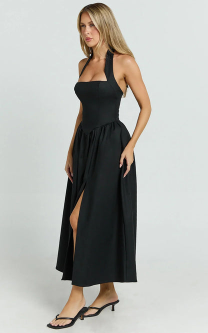 Helda Midi Dress - Halter Tie Neck Corset Panel Dress in Black