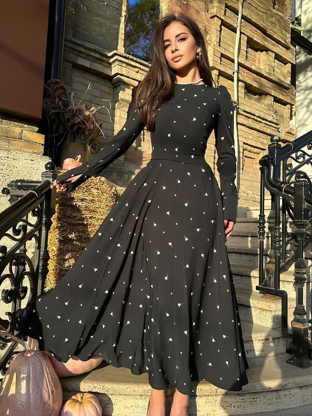 Mini Triangle Printed Dress Round Neck Long Sleeves Casual Maxi Dresses