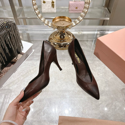 Miu High Heel Pumps Chocolate Brown Sheepskin 592080