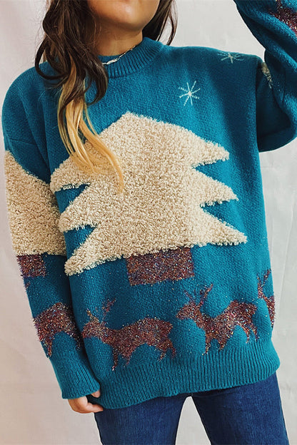 Suéter de punto de cuello redondo y manga larga con estampado navideño