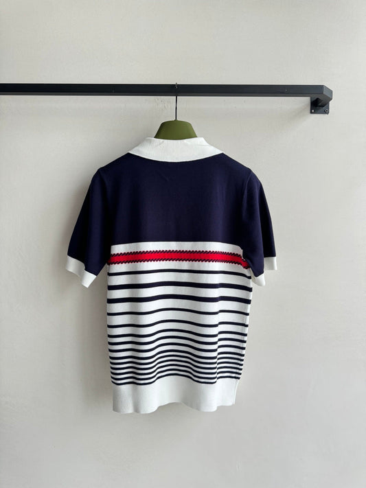 Gucci Striped Polo Knitted Top Dark Blue White Cotton
